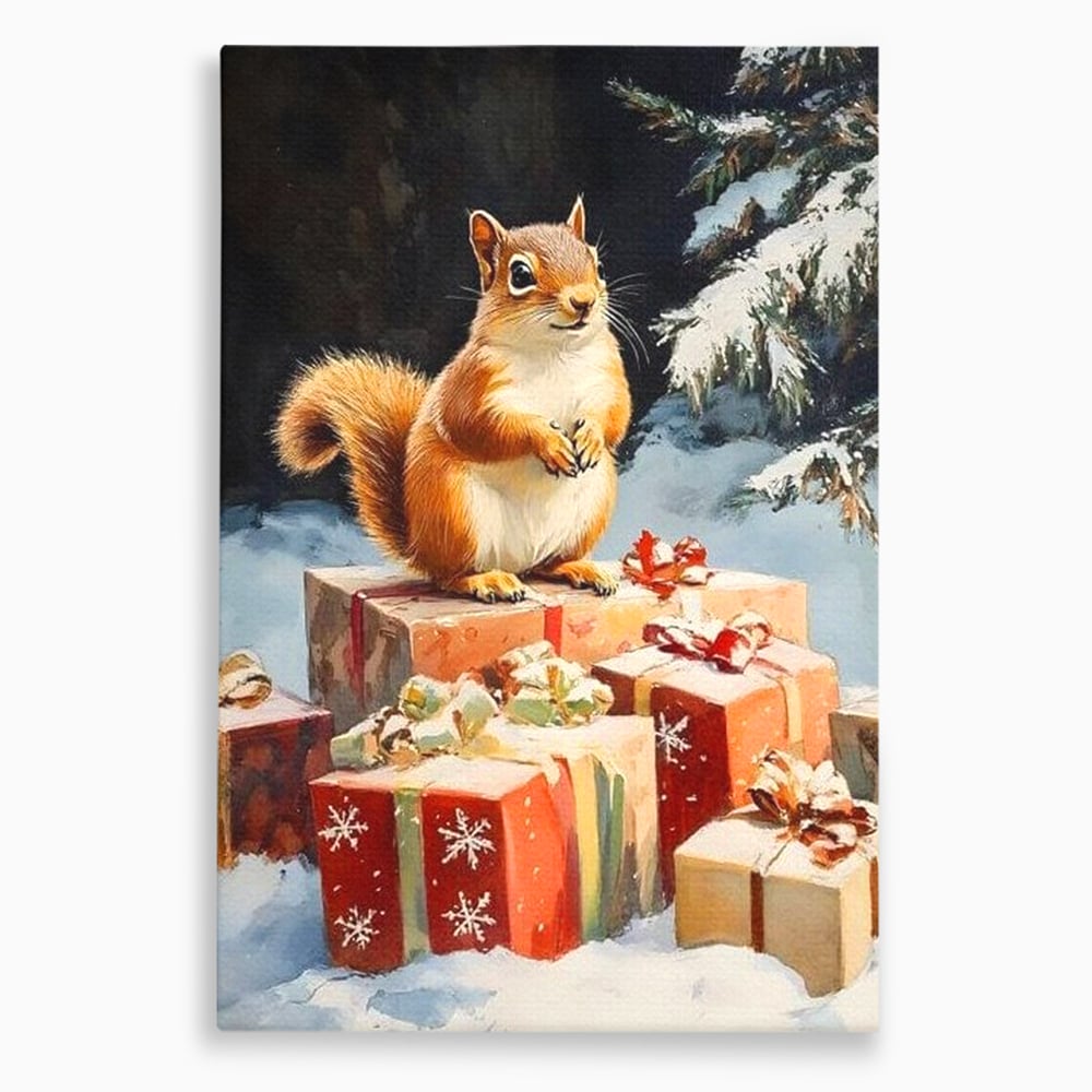 Tablou canvas cu tablou canvas cu veverita si cadouri de iarna, fara rama, pe sasiu de lemn